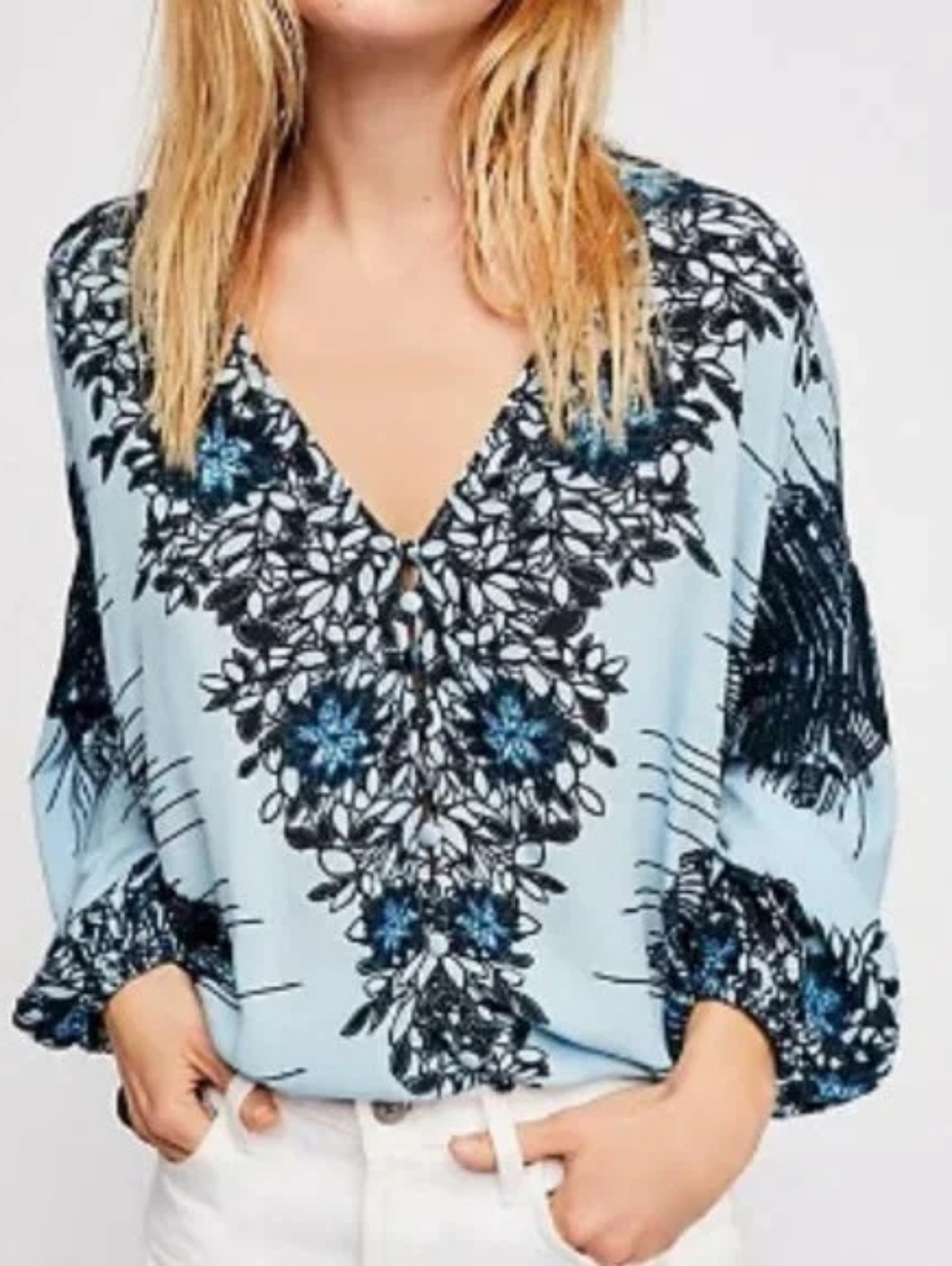 Free People Birds of a Feather blouse, blue & black, M